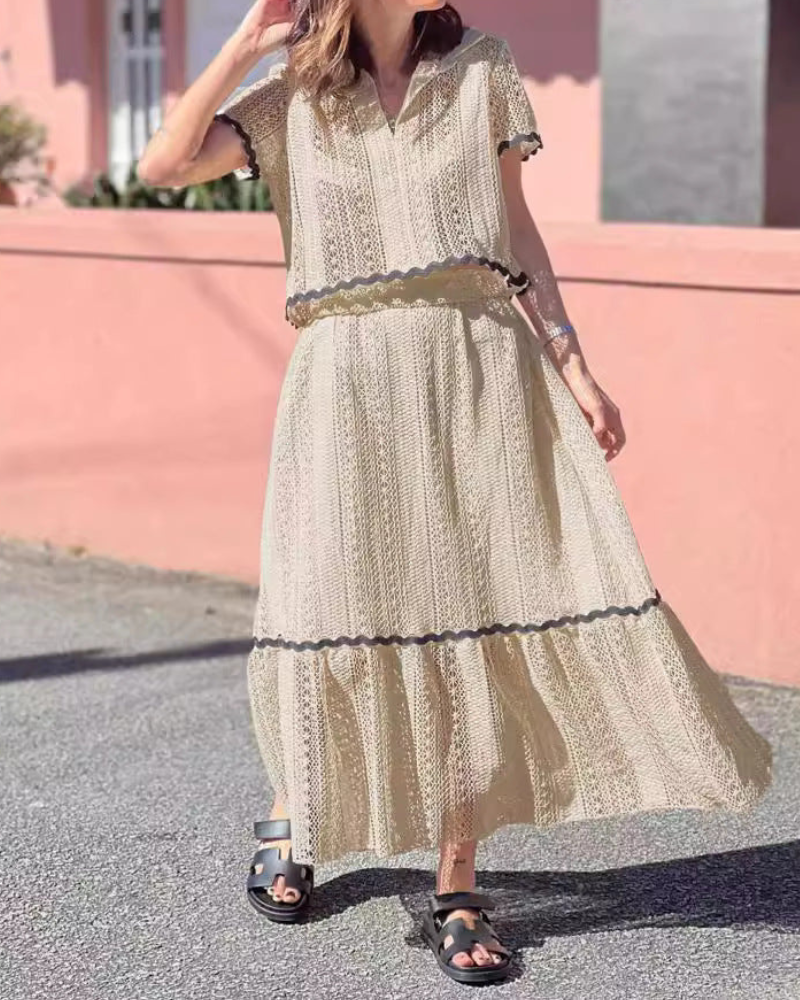 Ellaine - Elegante completo con gonna e top a maniche corte con pizzo morbido