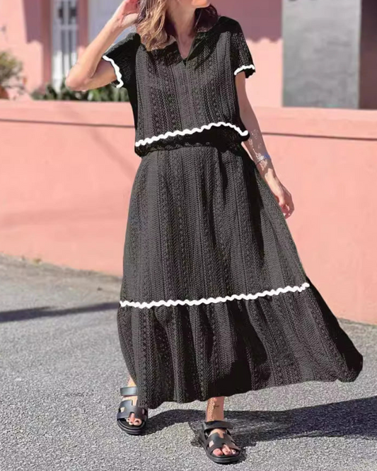 Ellaine - Elegante completo con gonna e top a maniche corte con pizzo morbido