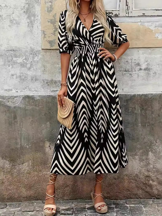 Sarah - Elegante abito con scollo a V e stampa geometrica