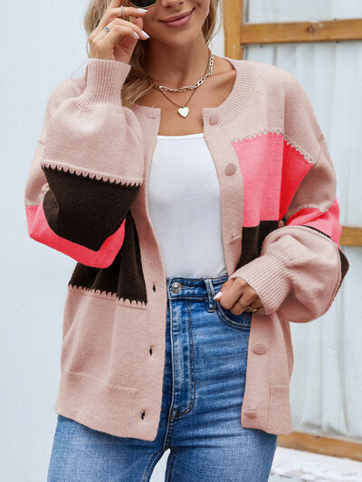 Roxana - Cardigan elegante con bottoni, maniche a sbuffo e blocchi di colore