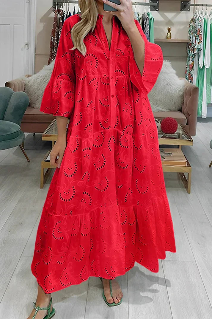 Mirasol - Elegante abito maxi vintage ricamato con maniche a campana