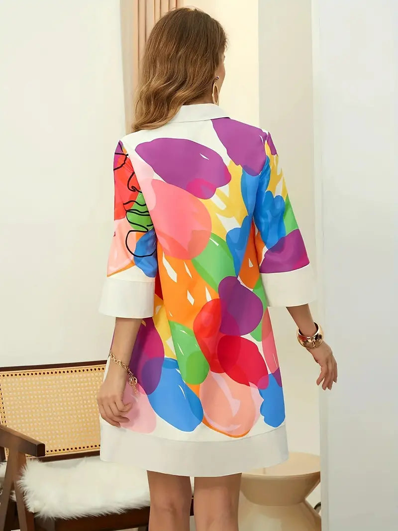 Sarah - Elegante abito-camicia con stampa colorata del viso