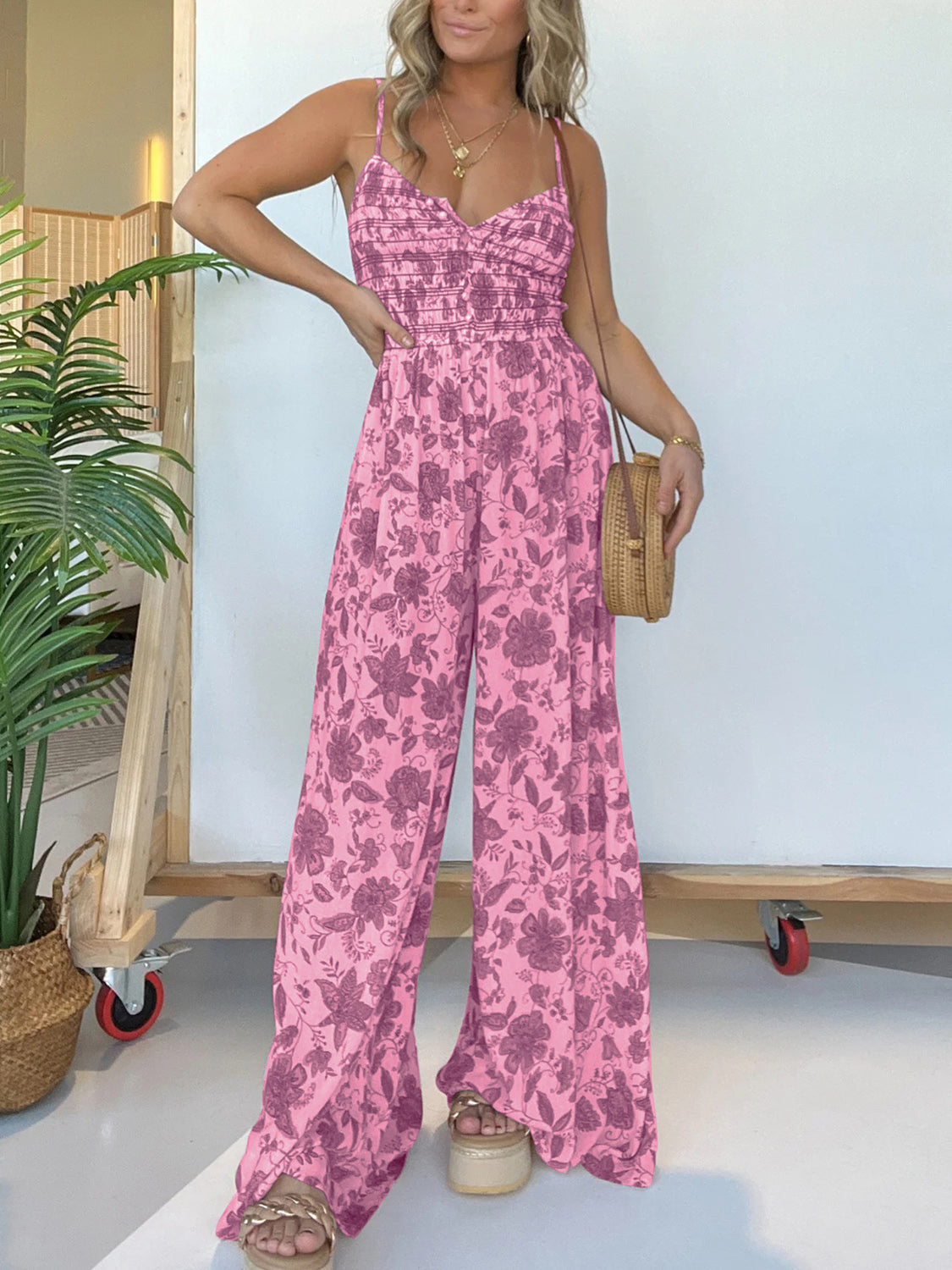 Jana - Elegante tuta floreale con spalline sottili e gamba larga