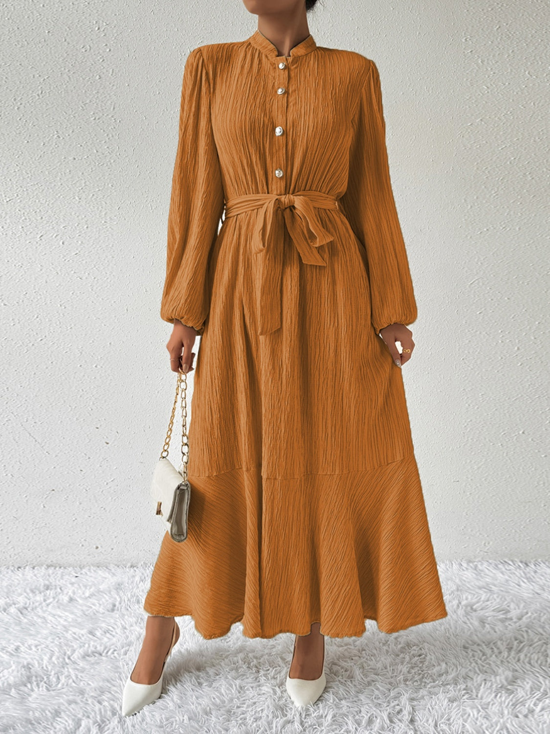 Anne - Elegante abito lungo a maniche lunghe con cintura a fiocco
