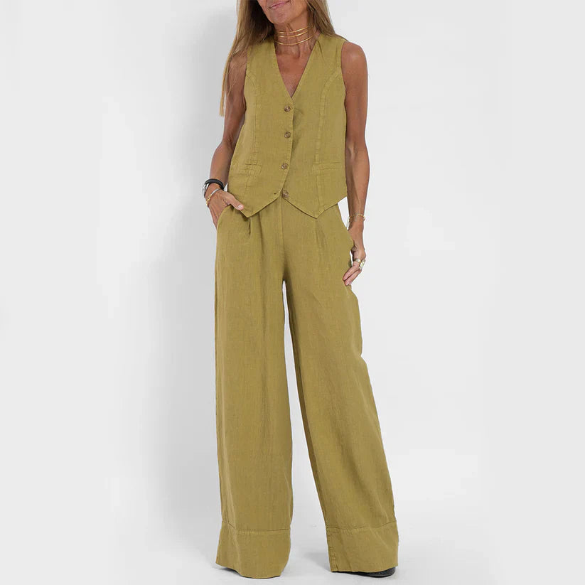 Hilda - Elegante set di pantaloni con gilet a gamba larga in cotone e lino