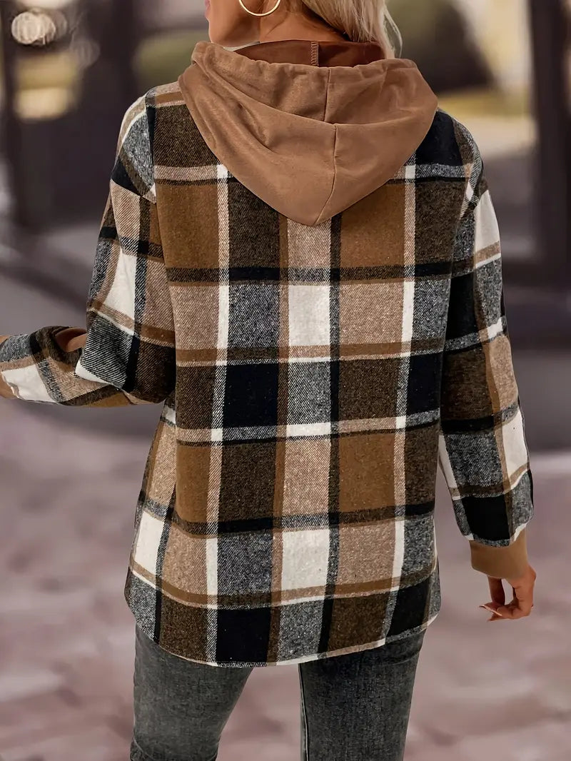 Emmeline - Top casual con cappuccio a maniche lunghe a quadri per donna