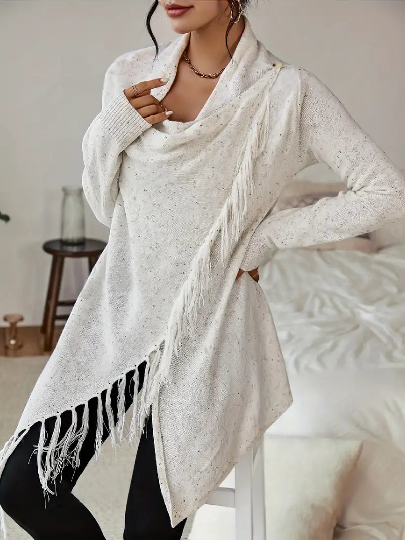 Katherine - Cardigan con scollo a cappuccio e orlo con nappe