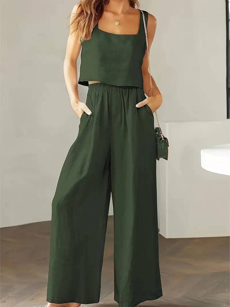 Xandrine - Top senza maniche casual e pantaloni a gamba larga