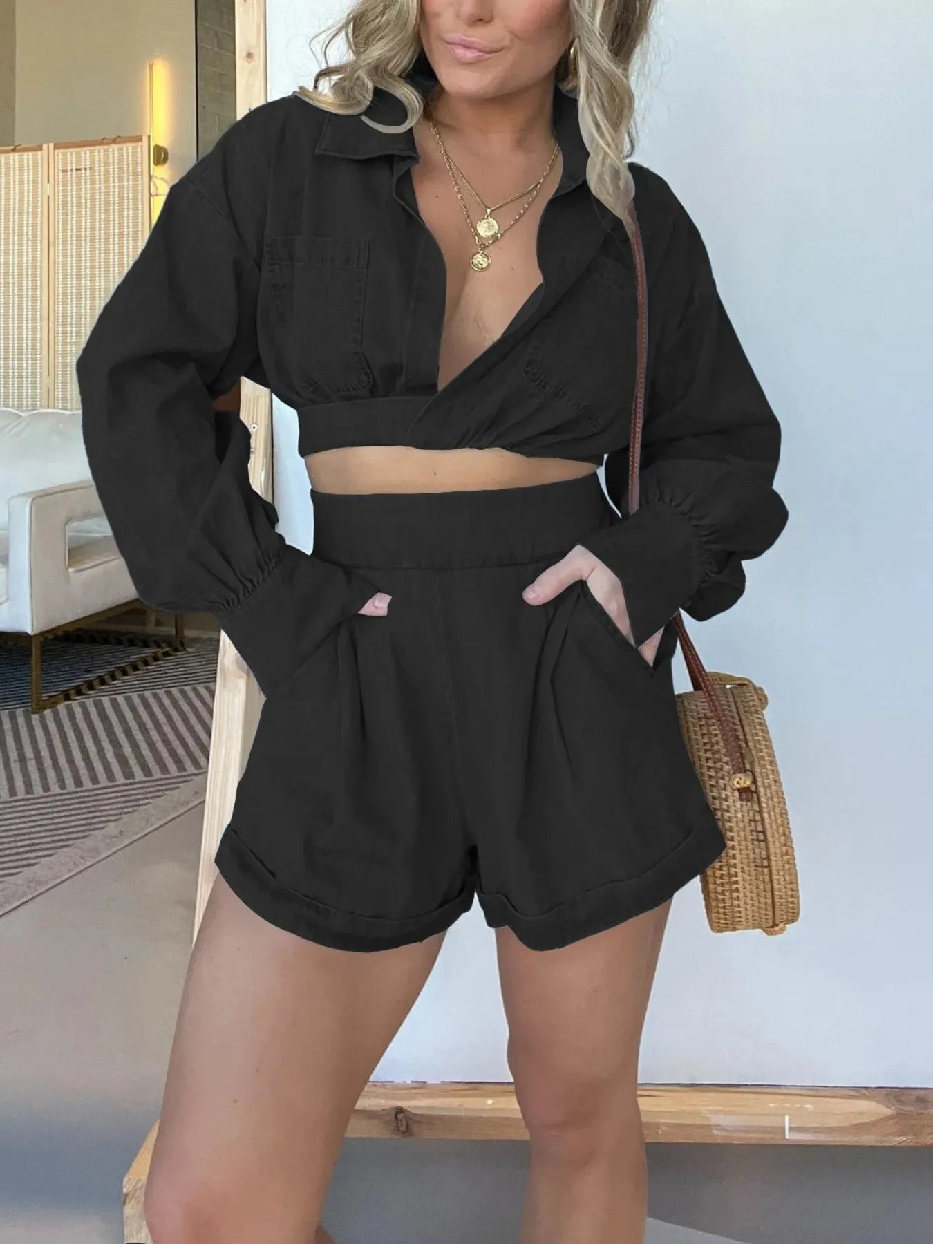 Nyla - Elegante completo in denim con camicia a maniche lunghe e pantaloncini