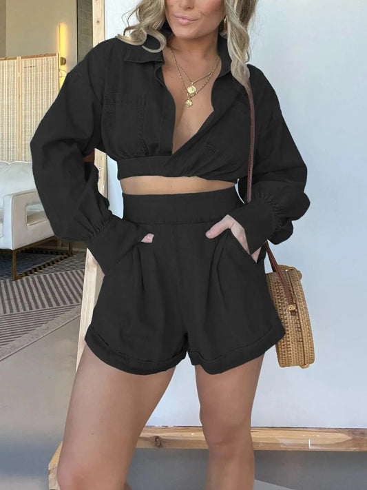 Nyla - Elegante completo in denim con camicia a maniche lunghe e pantaloncini
