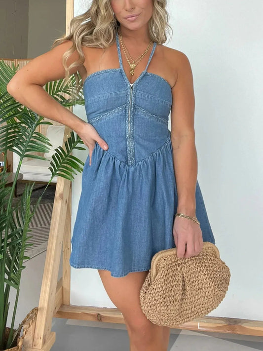 Rowena - Abito Casual in Denim con Collo Halter e Lacci