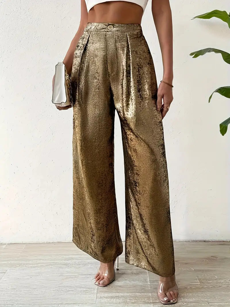 Marjorie - Eleganti pantaloni a vita alta dorati a gamba larga