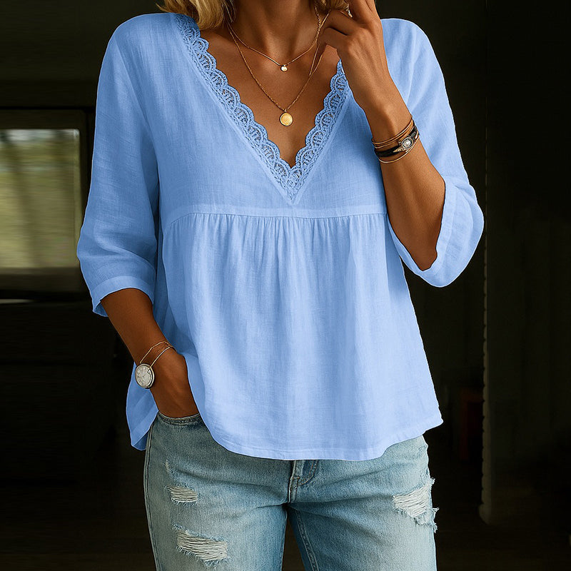 Angel - Blusa elegante in pizzo con scollo a V e maniche 3/4
