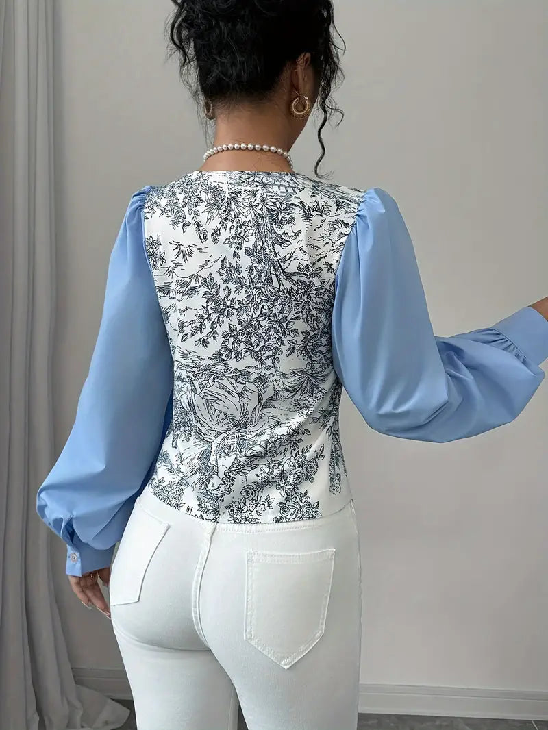 Elaine - Camicetta da donna con scollo a V e stampa floreale e maniche a lanterna