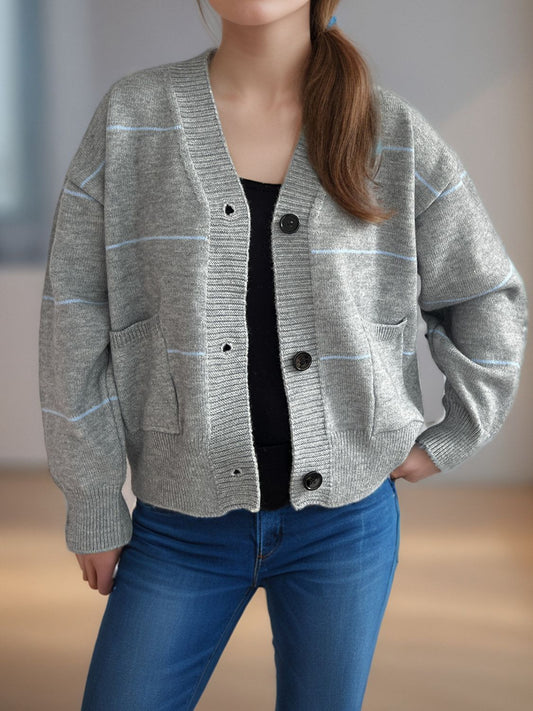 Aubrey - Cardigan casual a righe con scollo a V e bottoni