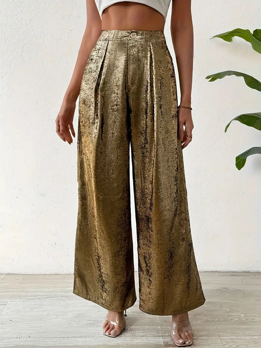 Marjorie - Eleganti pantaloni a vita alta dorati a gamba larga
