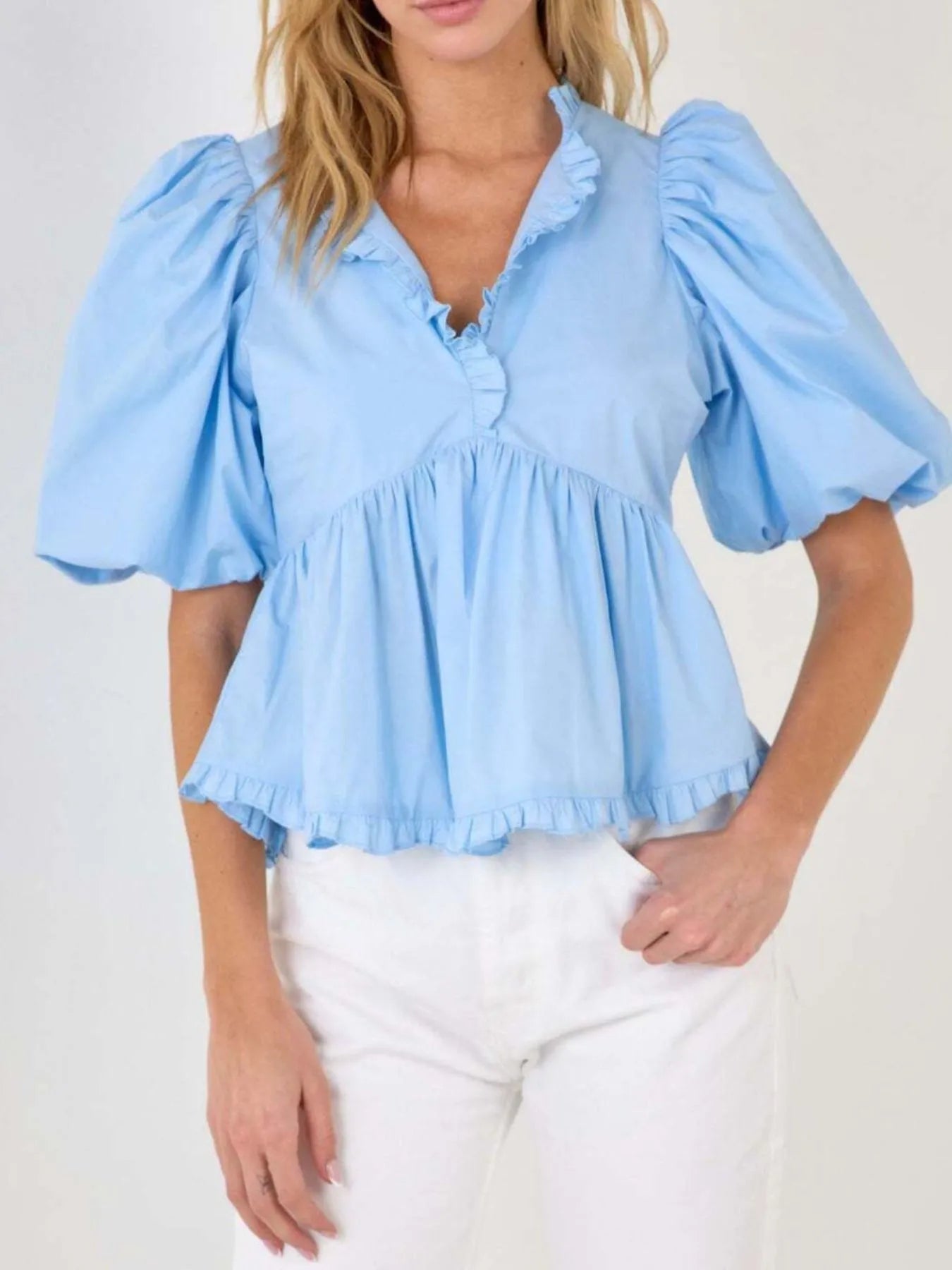 Kath - Elegante blusa peplum con maniche a sbuffo