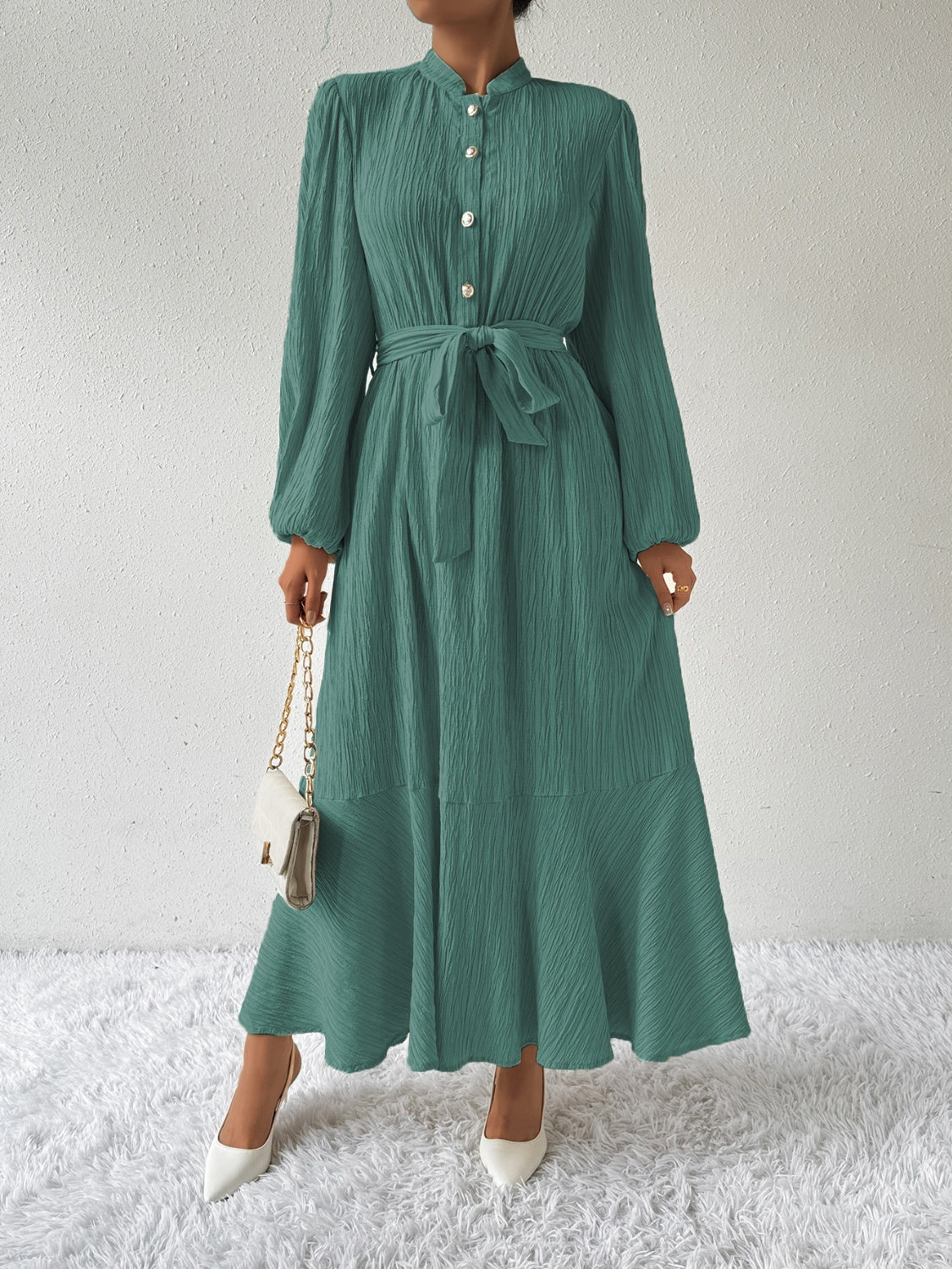 Anne - Elegante abito lungo a maniche lunghe con cintura a fiocco