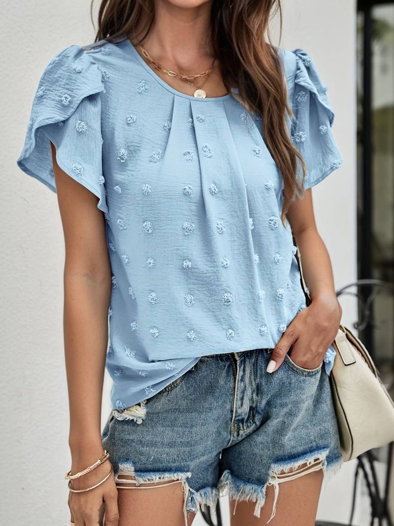 Katerina - Elegante Blusa con Collo Rotondo e Maniche a Petalo in Tessuto Swiss Dot