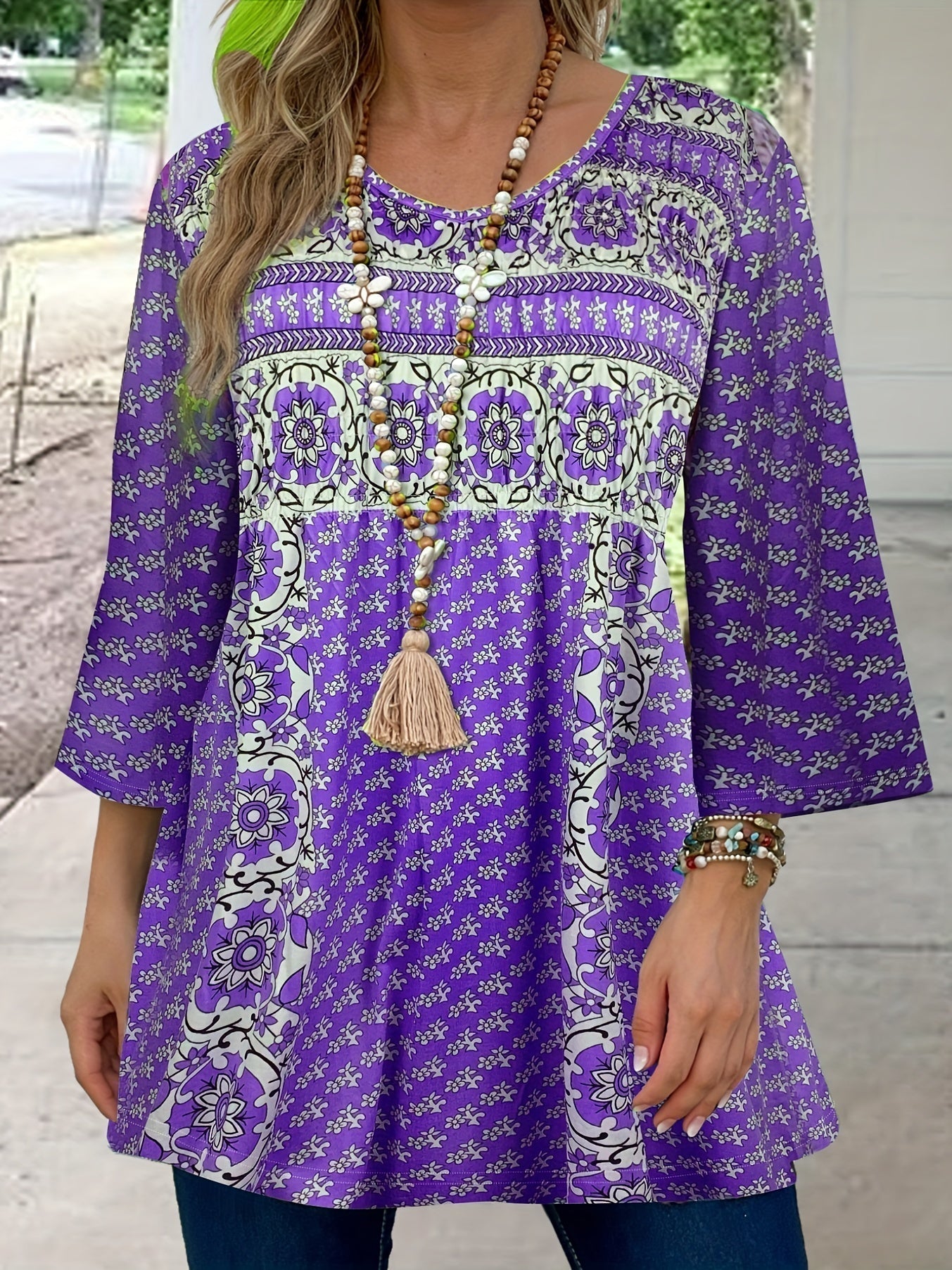 Patrisha – Elegante blusa ampia a mezza manica con stampa boho