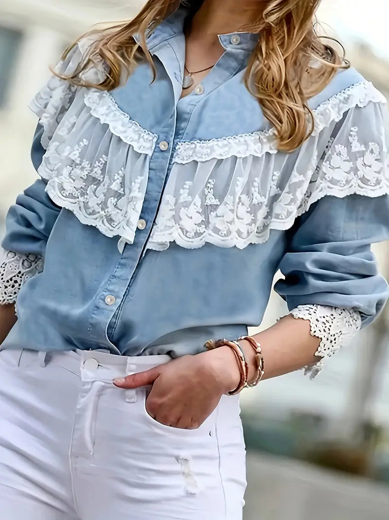 Addison - Camicia in denim da donna con finiture in pizzo