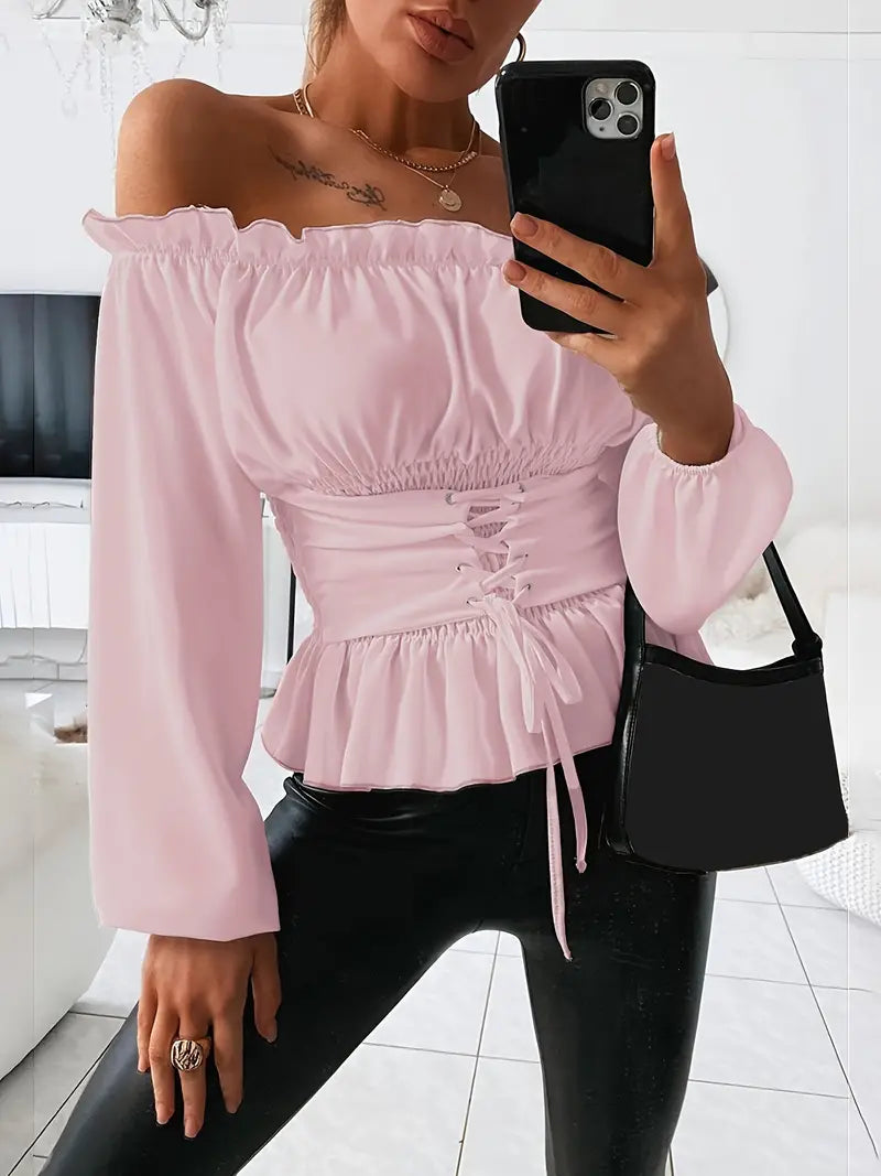 Imelda - Elegante blusa con volants e spalle scoperte