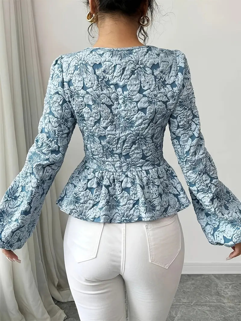 Eliza - Elegante top jacquard floreale con orlo arricciato