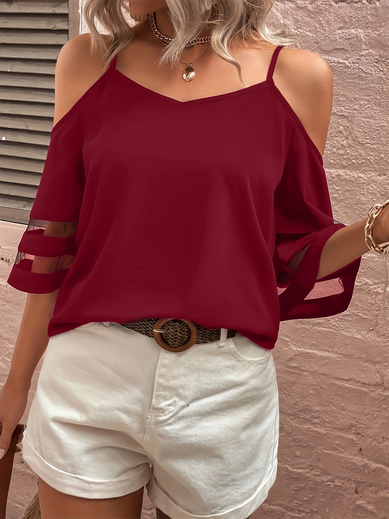 Emmaline - Blusa Casual con Spalle Scoperte e Maniche a Mezza Lunghezza