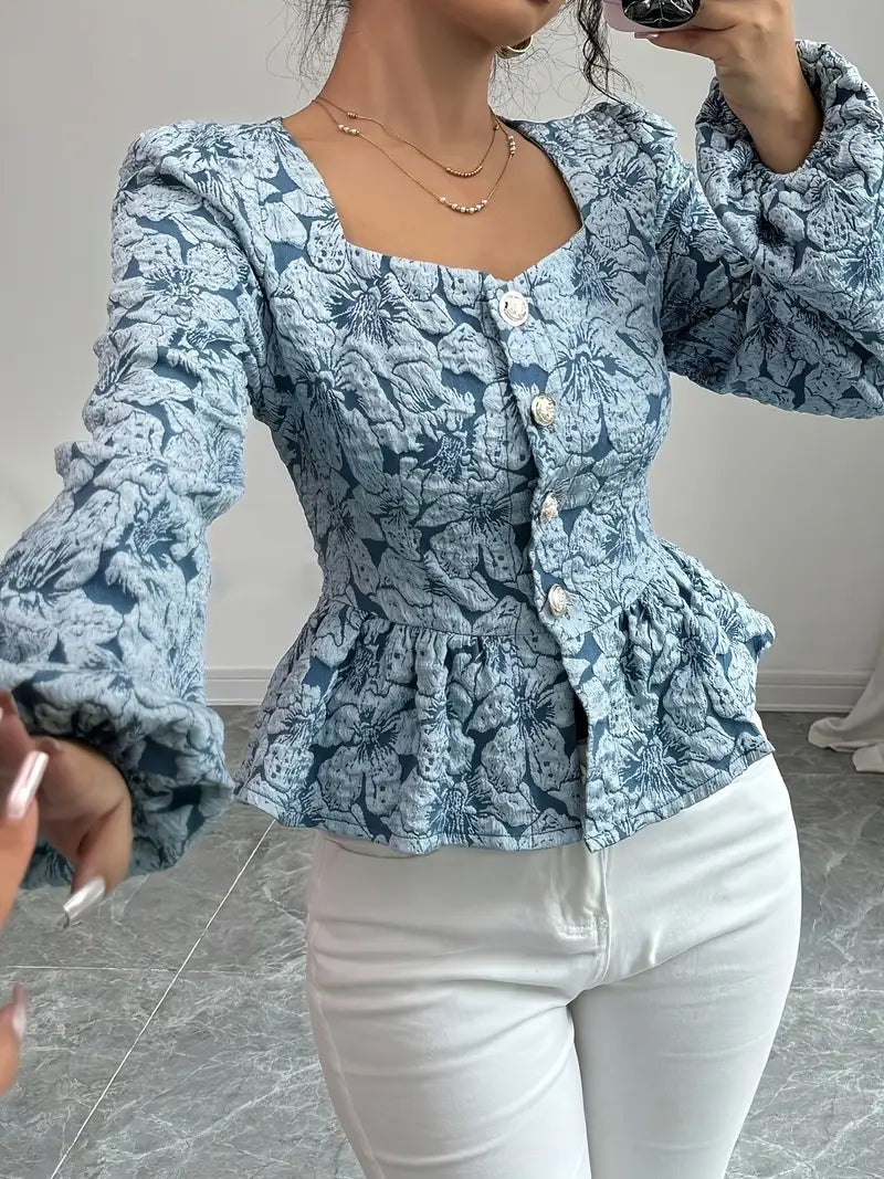 Eliza - Elegante top jacquard floreale con orlo arricciato