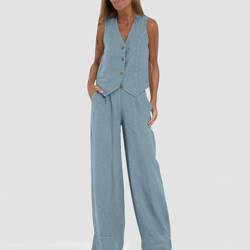 Hilda - Elegante set di pantaloni con gilet a gamba larga in cotone e lino
