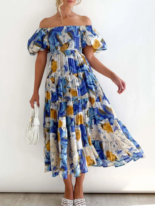 Evienne - Elegante abito con maniche a sbuffo e stampa floreale