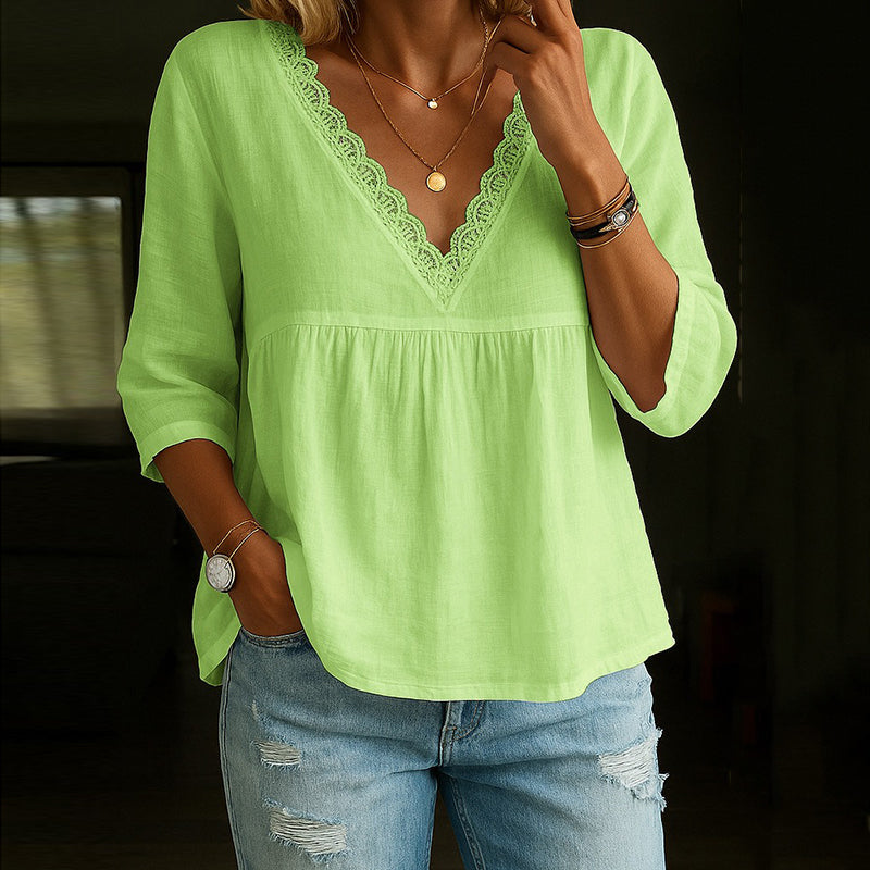 Angel - Blusa elegante in pizzo con scollo a V e maniche 3/4