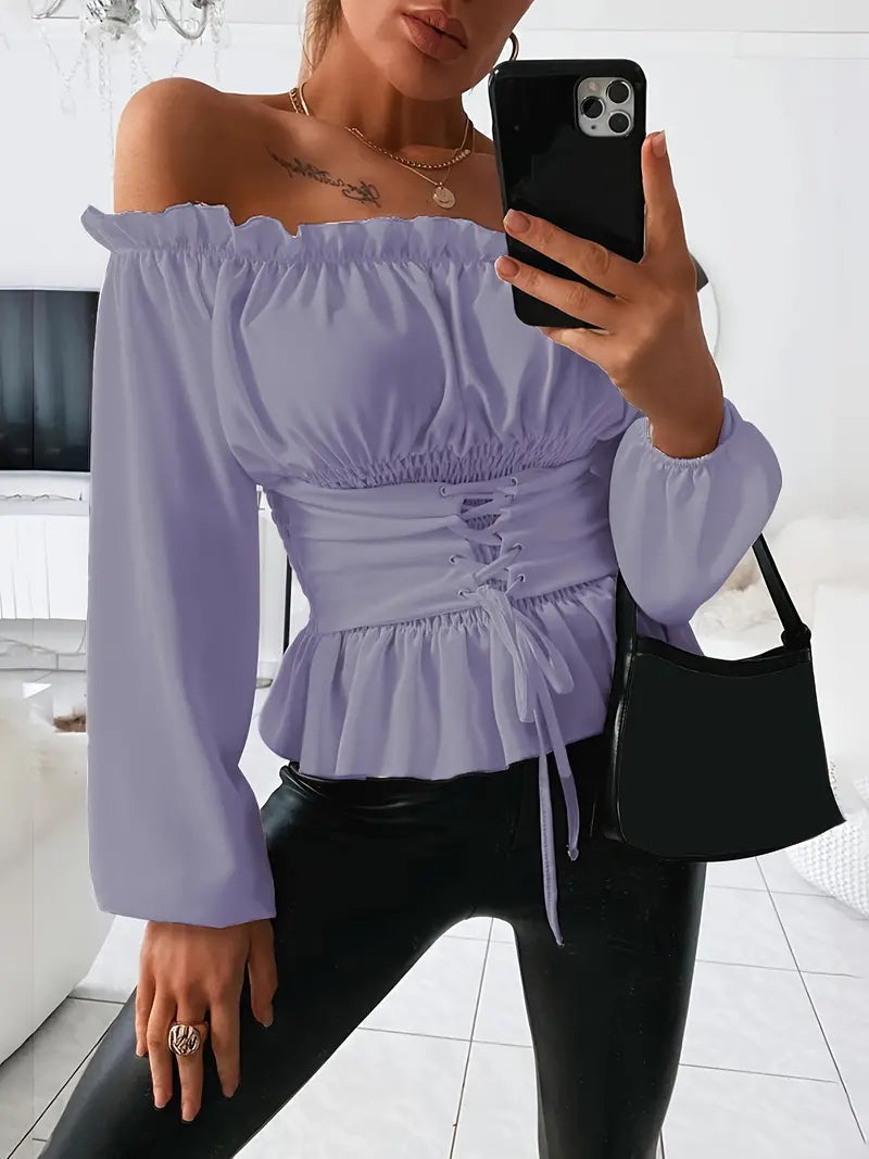 Imelda - Elegante blusa con volants e spalle scoperte