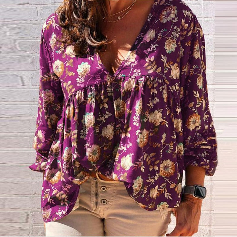 Dariana - Elegante blusa a maniche lunghe con scollo a V e stampa floreale