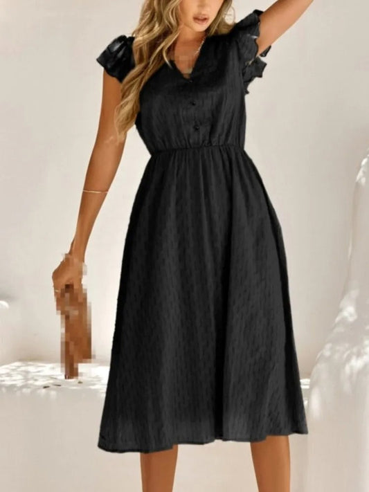 Mikaela - Elegante abito midi con scollo a V e maniche svasate