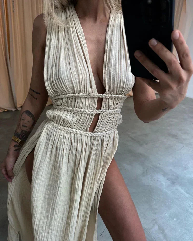 Diana - Abito elegante in cotone e lino con pizzo e spacchi intrecciati
