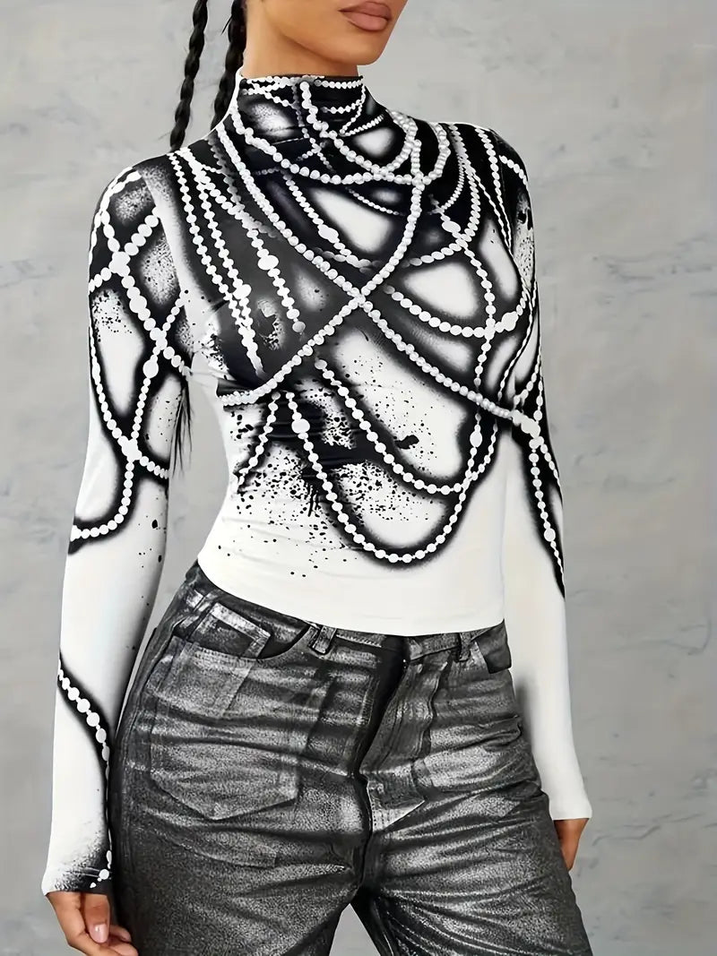 Drusilla - Top da donna astratto con collo alto e maniche lunghe
