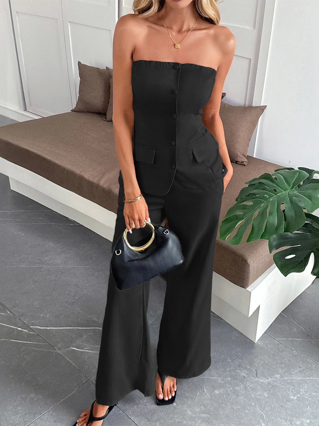 Gloriana - Elegante completo con top a fascia abbottonato e pantaloni a gamba larga