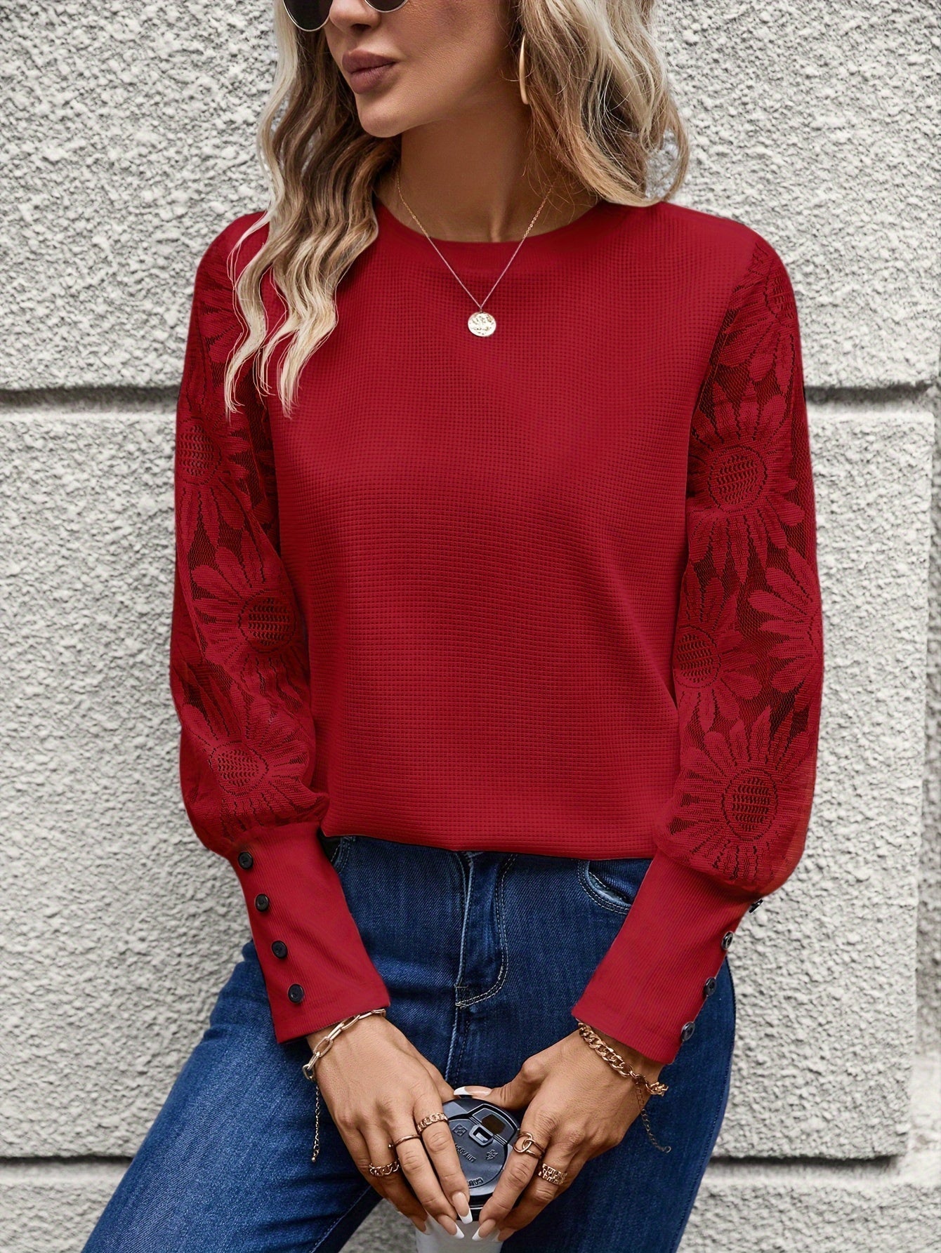 Kacy - Elegante Blusa con Maniche di Pizzo Floreale