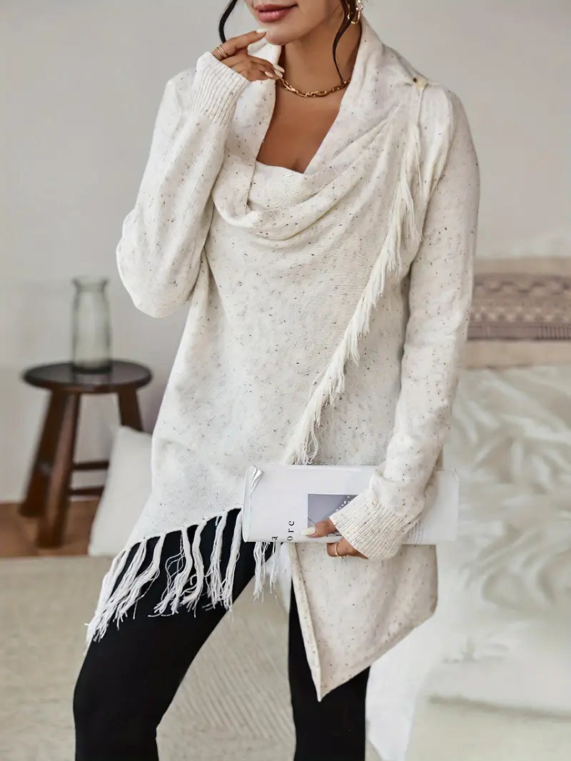 Katherine - Cardigan con scollo a cappuccio e orlo con nappe