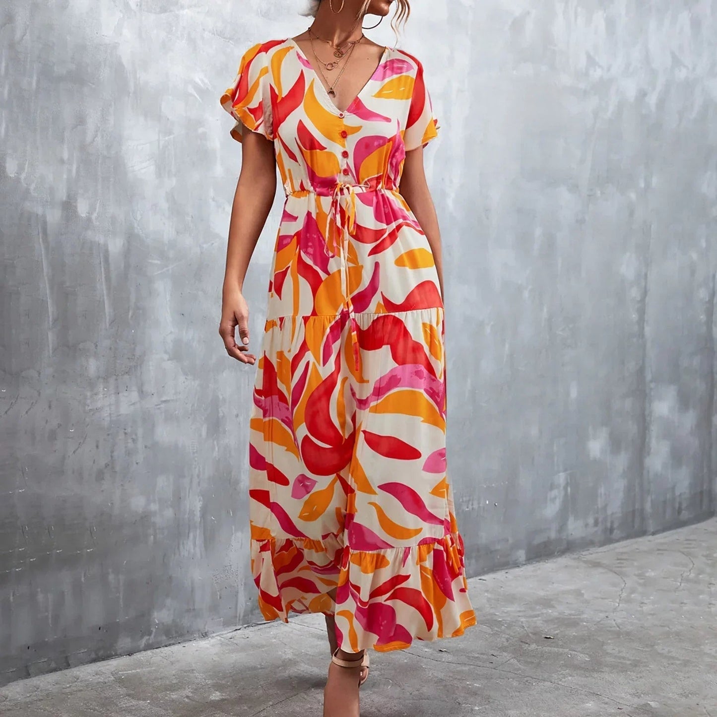 Blythe - Elegante maxi abito ampio con maniche corte e scollo a V profondo