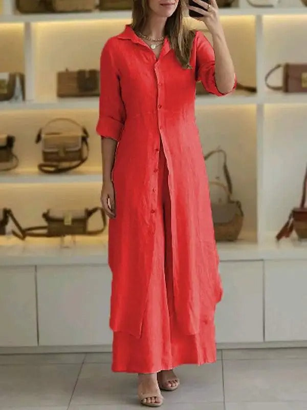 Sunniva - Completo casual in lino con abito lungo abbottonato e pantaloni a gamba larga