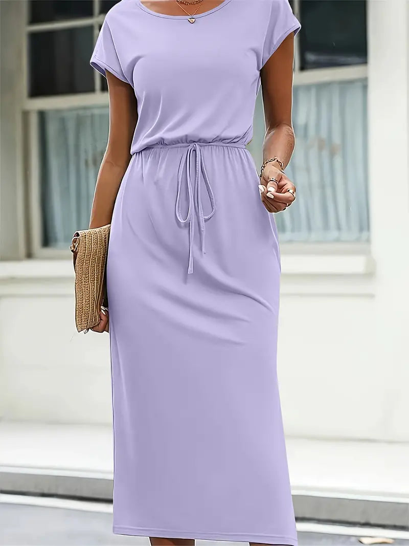 Lucy - Abito casual a maniche corte con scollo tondo e cintura da annodare
