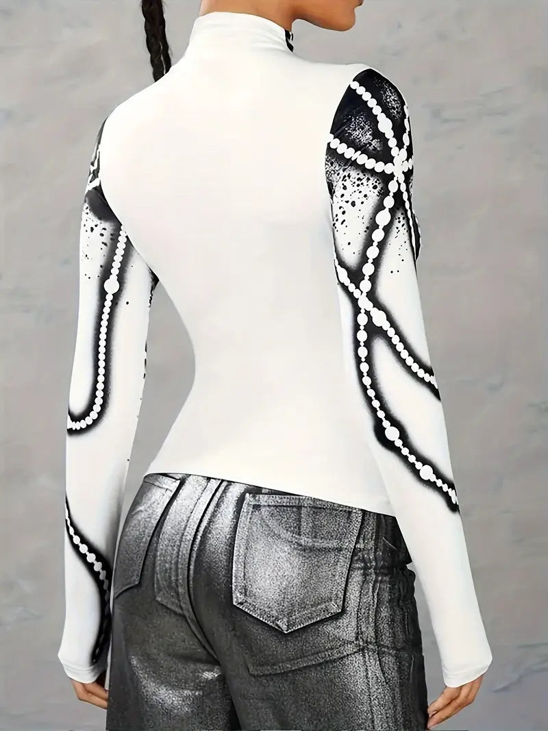 Drusilla - Top da donna astratto con collo alto e maniche lunghe