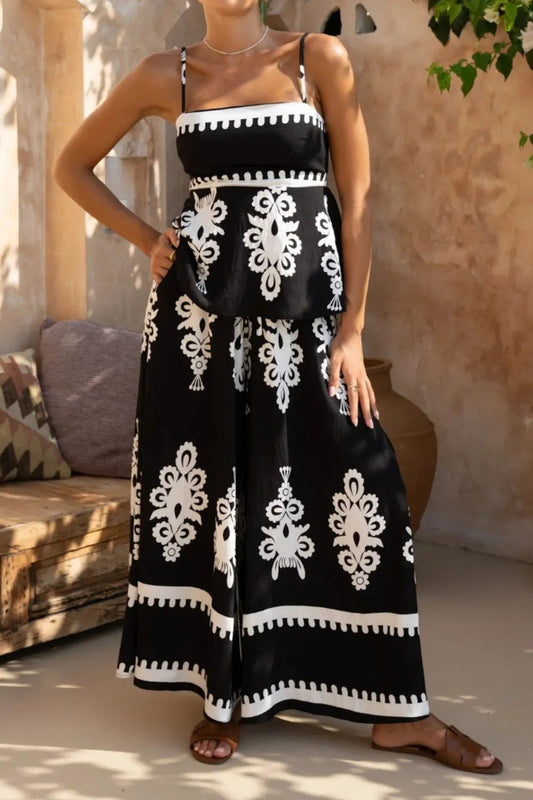 Daniella - Elegante completo con top a bretelle e pantaloni larghi con scollo quadrato e stampa