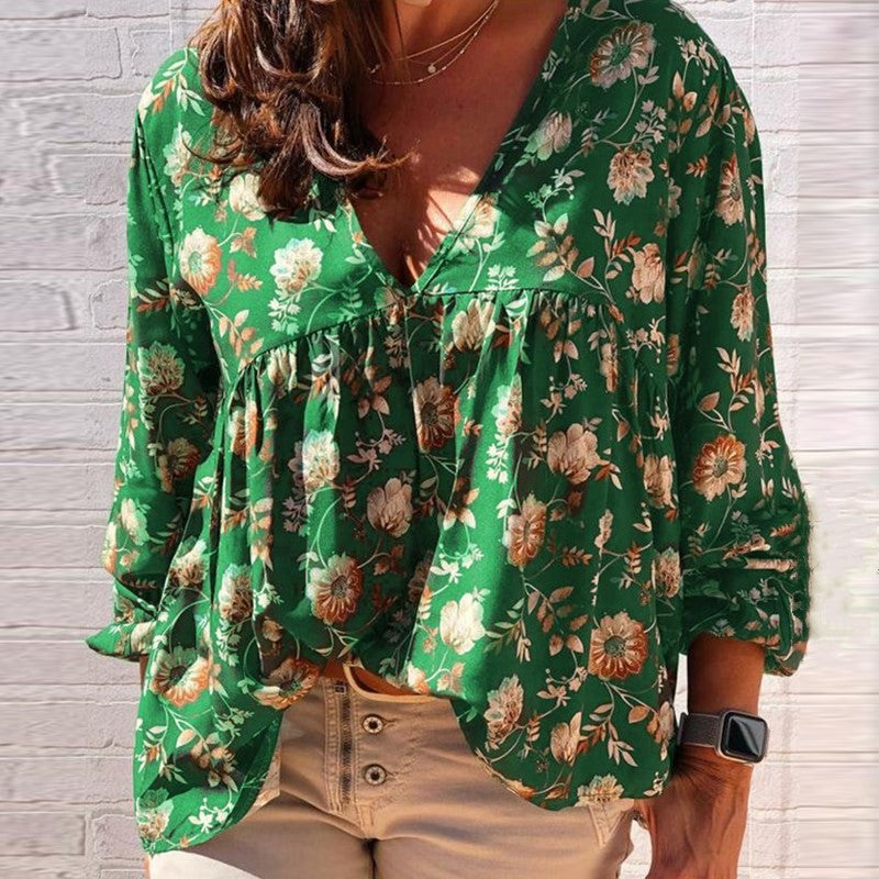 Dariana - Elegante blusa a maniche lunghe con scollo a V e stampa floreale