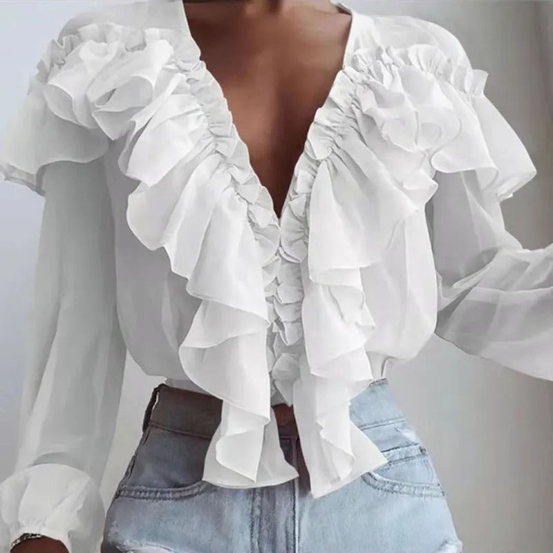 Nychelle - Elegante blusa con volant e maniche lunghe con scollo a V profondo