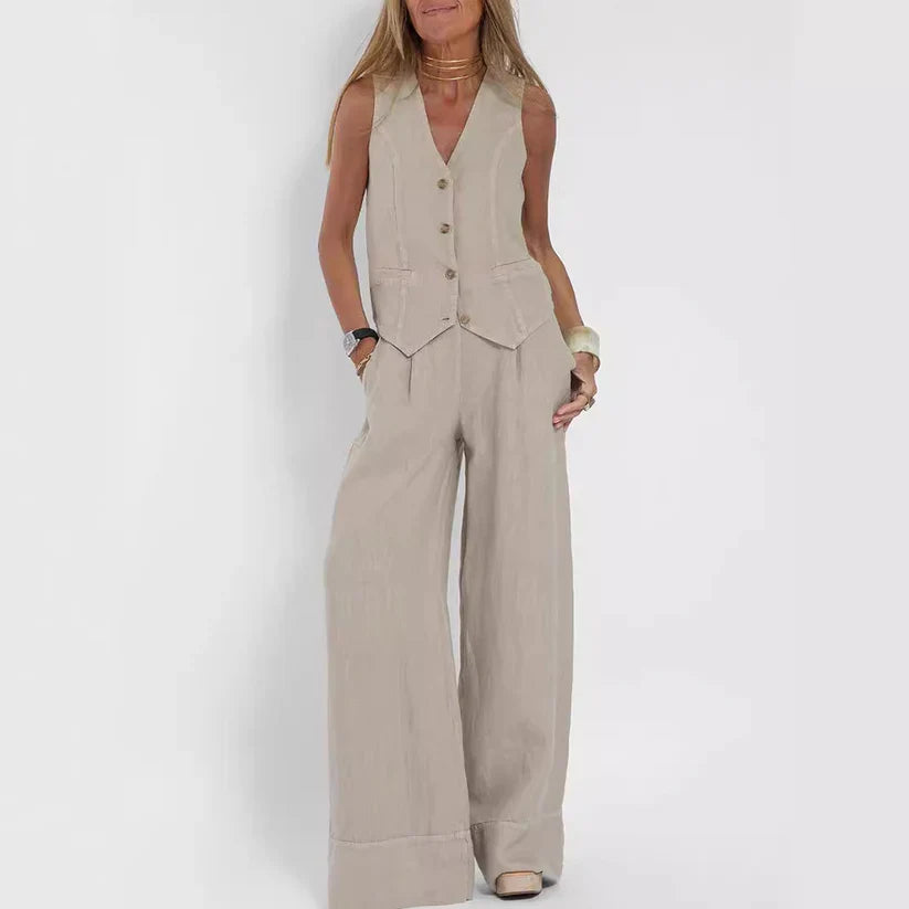 Hilda - Elegante set di pantaloni con gilet a gamba larga in cotone e lino