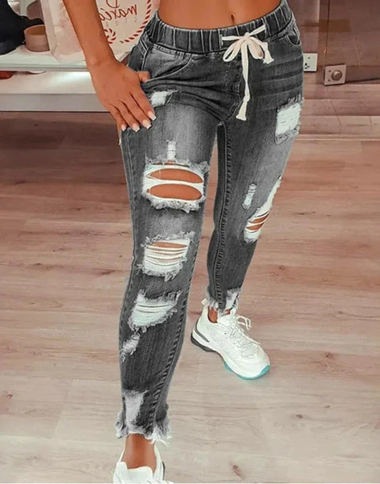 Emmeline - Jeans strappati con elastico in vita slim alla moda