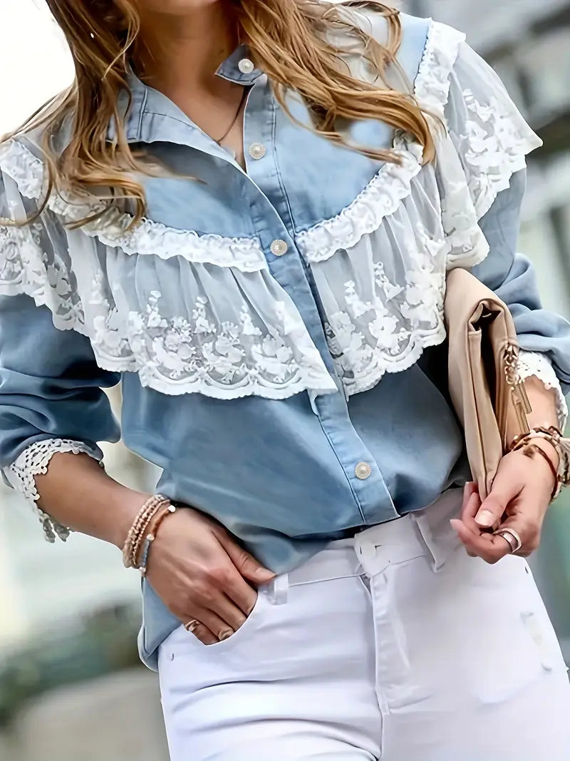 Addison - Camicia in denim da donna con finiture in pizzo